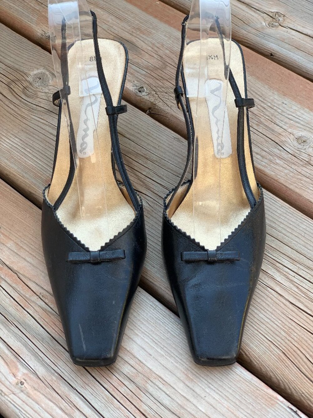 Vtg 90s Nina Slingback Mules Pumps 8.5 Black Leather Square Toe Mid Heel Shoes